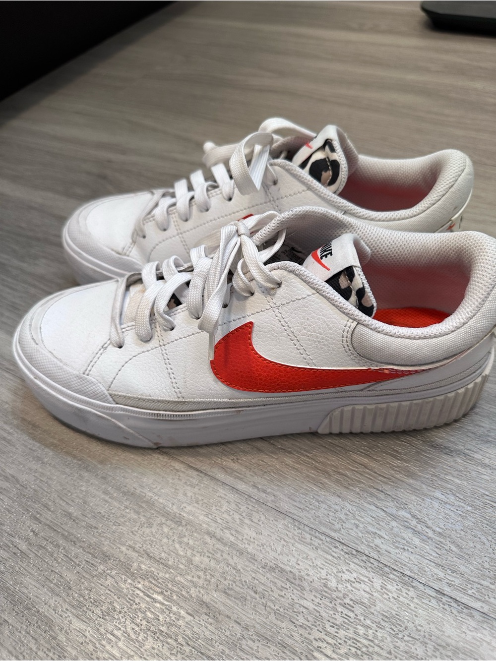 Nike Court Legacy Sneakers with Orange Swoosh and Leopard Accents